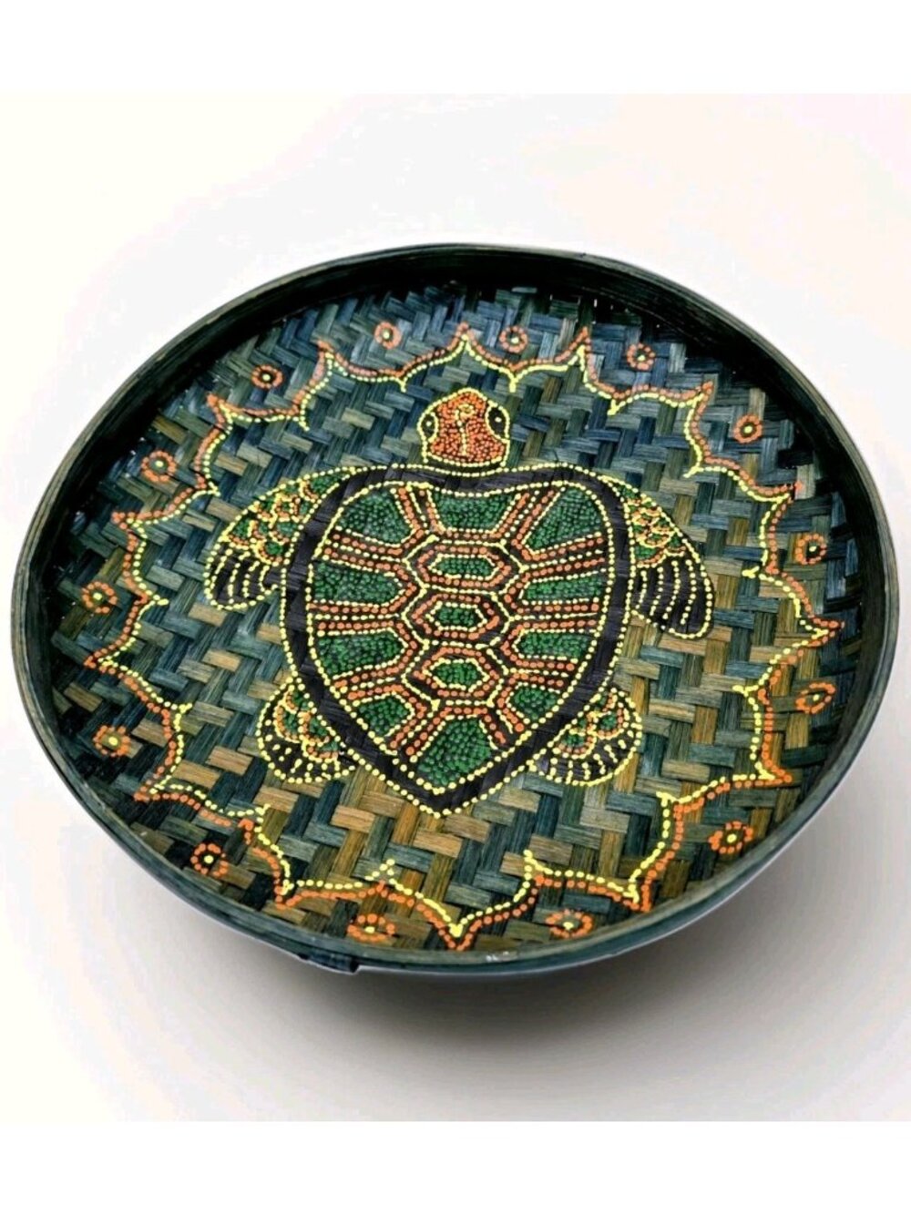 Handpainted Sea Turtle Green Bamboo Basket 13.5"  Bowl OOAK Nautical Tropical